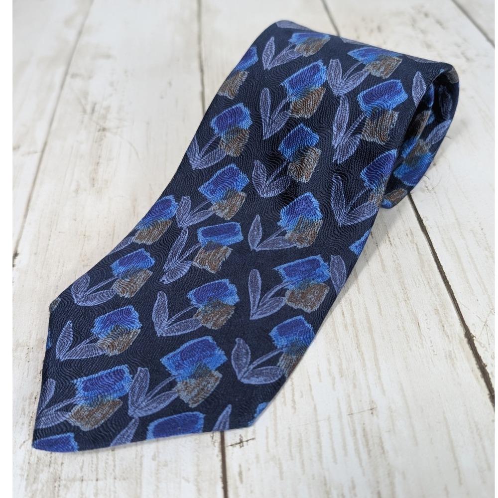 Bolgheri Italy 100% Silk Necktie Harold's Houston Floral Blue Beige Men's - Picture 1 of 4